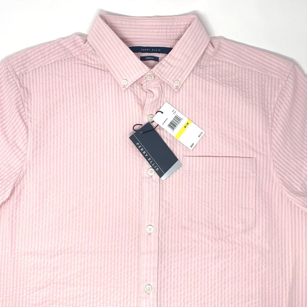 Perry Ellis Stretch Pink Textured Stripe Mens Short Sleeve Button Up Size Medium